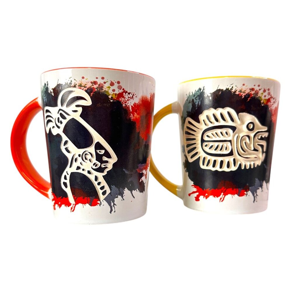 2 Cozumel Mexico Souvenir Ceramic Mugs Ancient Symbols EUC Colorful Fun Unique